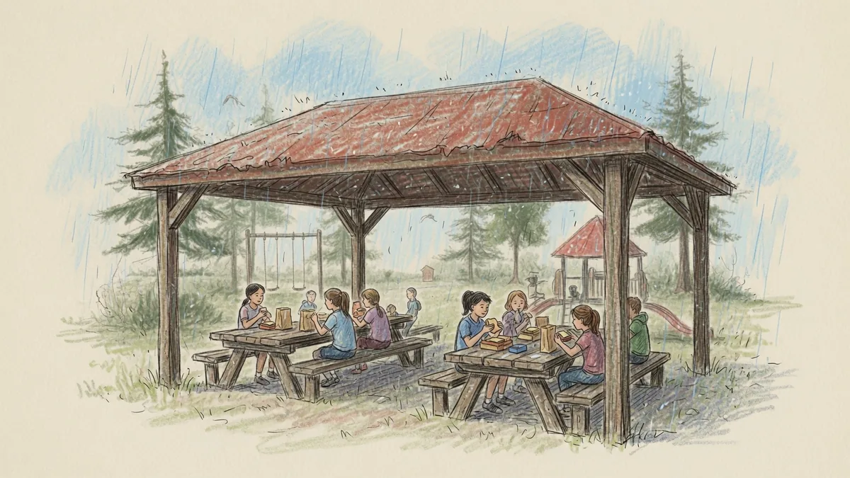 Children sharing lunch together under a pavilion while rain falls softly