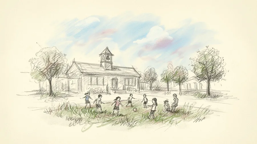 A little schoolhouse with a bell tower, children playing out front