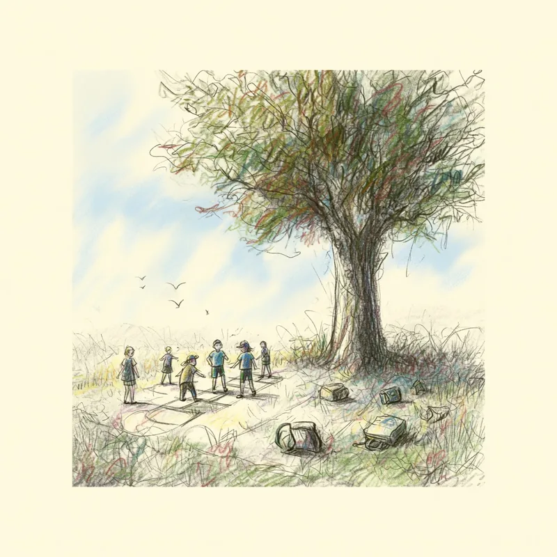 Children playing hopscotch under a big tree, backpacks in the grass