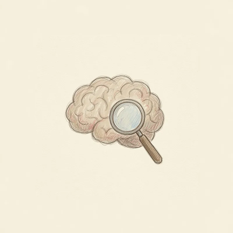 A hand-drawn brain with a magnifying glass resting on it