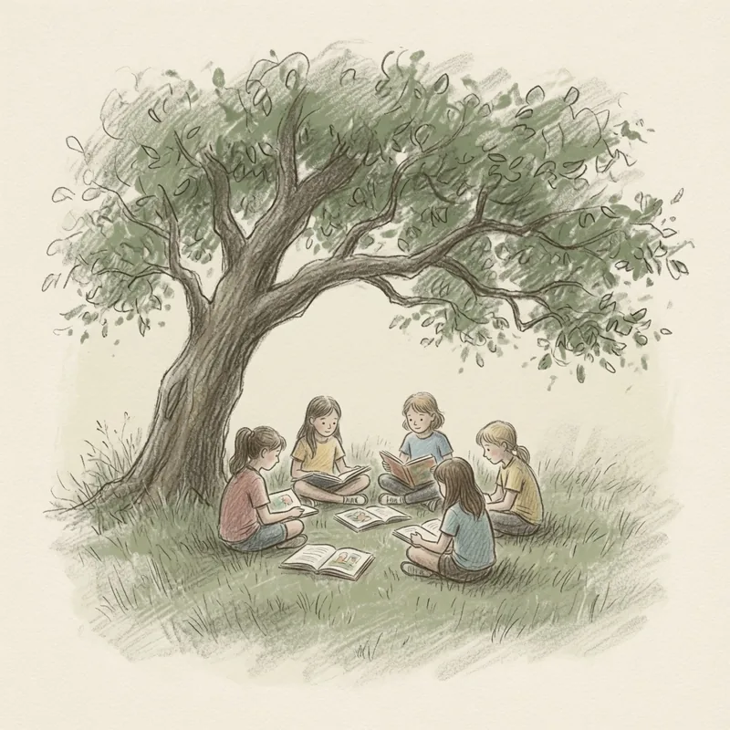 Five children reading picture books in a circle under a tree