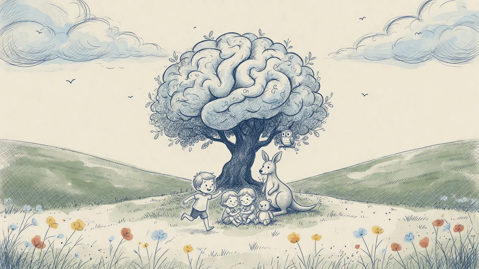 A child and their teddy bear sit beneath a great tree shaped like a brain, in a meadow of wildflowers